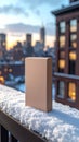 Beige Box on Snowy Railing with Chicago Skyline at Sunset in Winter Royalty Free Stock Photo