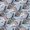 Beige and brown flowers on seamless botanic pattern. Light blue background