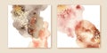 Beige, brown, pink watercolor fluid painting vector background. Golden dots, splatters.