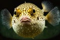 Beige brown in speck puffer fish in dark seawater