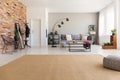 Beige carpet in modern living room interior with grey couch, industrial black metal lamp, wooden coffee table