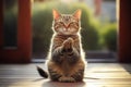 The beige cat athlete is doing yoga headstand exercise. Zen cat. Happy and relax