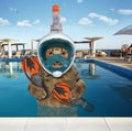 Cat in full diving mask in pool at resort