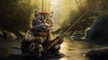 A beige cat fisher with a fishing rod caught a trout. In a forest river