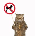 Cat holds dog prohibition sign