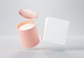 Beige ceramic glass jar candle with rose gold lid and box 3D render mockup