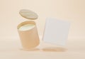 Beige ceramic glass jar candle with wooden lid and box 3D render mockup