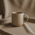 A beige ceramic mug with a smooth surface sits on a textured fabric draped across a Royalty Free Stock Photo