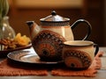 Beige ceramic teapot and cup with brown-orange decoration