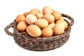 Beige chicken eggs in a brown wicker basket Royalty Free Stock Photo