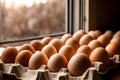 Beige chicken eggs same size in cardboard packaging on empty table Royalty Free Stock Photo