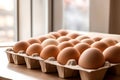 Beige chicken eggs in cardboard packaging on empty table in sunlight from window Royalty Free Stock Photo