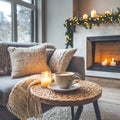 Beige chunky knit throw on grey sofa. ÃÂ¡offee table with candles against fireplace. Scandinavian farmhouse, hygge home interior Royalty Free Stock Photo
