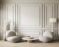 Beige classic interior with lounge soft armchairs, decor and moldings wall panel. Royalty Free Stock Photo