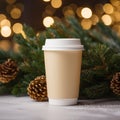 Beige coffee cup with christmas tree on bokeh background Royalty Free Stock Photo