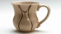 A beige coffee cup with a curved handle on white background, AI