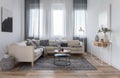 Beige comfortable corner sofa with grey pillows in elegant living room interior with white wall