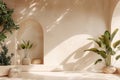 Beige concrete wall with elegant arched elements and potted plants in front, aesthetic design