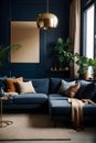 Beige corner sofa in room with dark blue walls. Interior design of modern living room Royalty Free Stock Photo