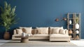 Beige corner sofa in room with dark blue walls. Interior design of modern living room Royalty Free Stock Photo