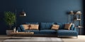 Beige corner sofa in room with dark blue walls. Interior design of modern living room Royalty Free Stock Photo