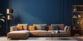 Beige corner sofa in room with dark blue walls. Interior design of modern living room Royalty Free Stock Photo