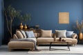 Beige corner sofa in room with dark blue walls. Interior design of modern living room. AI Generated Royalty Free Stock Photo