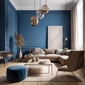 Beige corner sofa in room with dark blue walls. Interior design of modern living room. Created with generative AI Royalty Free Stock Photo