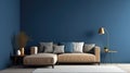 Beige corner sofa in room with dark blue walls. Interior design of modern living room Royalty Free Stock Photo