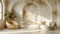 beige couch and chair in a room with white walls, in the style of pastel toned, arched doorways, nature morte, realistic