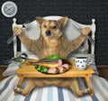 Dog eats stuffed fish with coffee Royalty Free Stock Photo