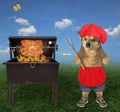 Dog chef grills meat on skewer 2 Royalty Free Stock Photo