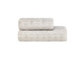 Beige duvet, blanket or bedspread. Wafer towels stack, grey towels in stack against the white backdrop. Pile, stock of
