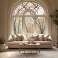 Beige elegant sofa against of arched window