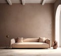 Beige elegant sofa against of arched window near brown stucco wa