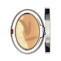 Beige face powder in oval silver red casket isolated on white