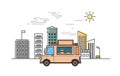 Beige food truck on stylized cityscape background. Flat vector illustration. Thin line style, white background.