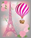 Beige French Paris background with Eiffel Tower and air balloons
