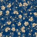 Beige graphic flowers on blue background. Floral illustration.