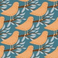 Beige hand drawn bird seamless pattern in doodle style. Branches elements. Blue background Royalty Free Stock Photo