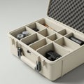 Beige hard-shell case with padded interior and multiple compartments, holding various Royalty Free Stock Photo