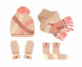 Beige Hat with a Pompom, Scarf, socks and Mitten Set Knitted Seasonal Winter Traditional Accessories with Ornament