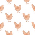 Beige hen seamless pattern on white background. Vector cute cartoon chicken print, wallpaper Royalty Free Stock Photo