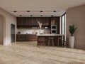 Beige home kitchen interior with cooking and eating area, panoramic window Royalty Free Stock Photo