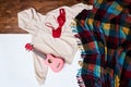 Beige hoodie and red brassiere flat lay Royalty Free Stock Photo