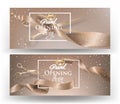 Beige horizontal grand opening invitation cards with long ribbons, falling confetti and scissors.