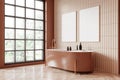 Beige hotel bathroom interior with bathtub and panoramic window. Mockup frames Royalty Free Stock Photo