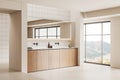 Beige hotel bathroom interior with double sink and vanity, panoramic window