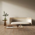 Beige interior with blank wall, sofa and decor. Royalty Free Stock Photo