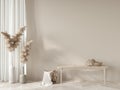 Beige interior in boho style with wicker bench and decor Royalty Free Stock Photo